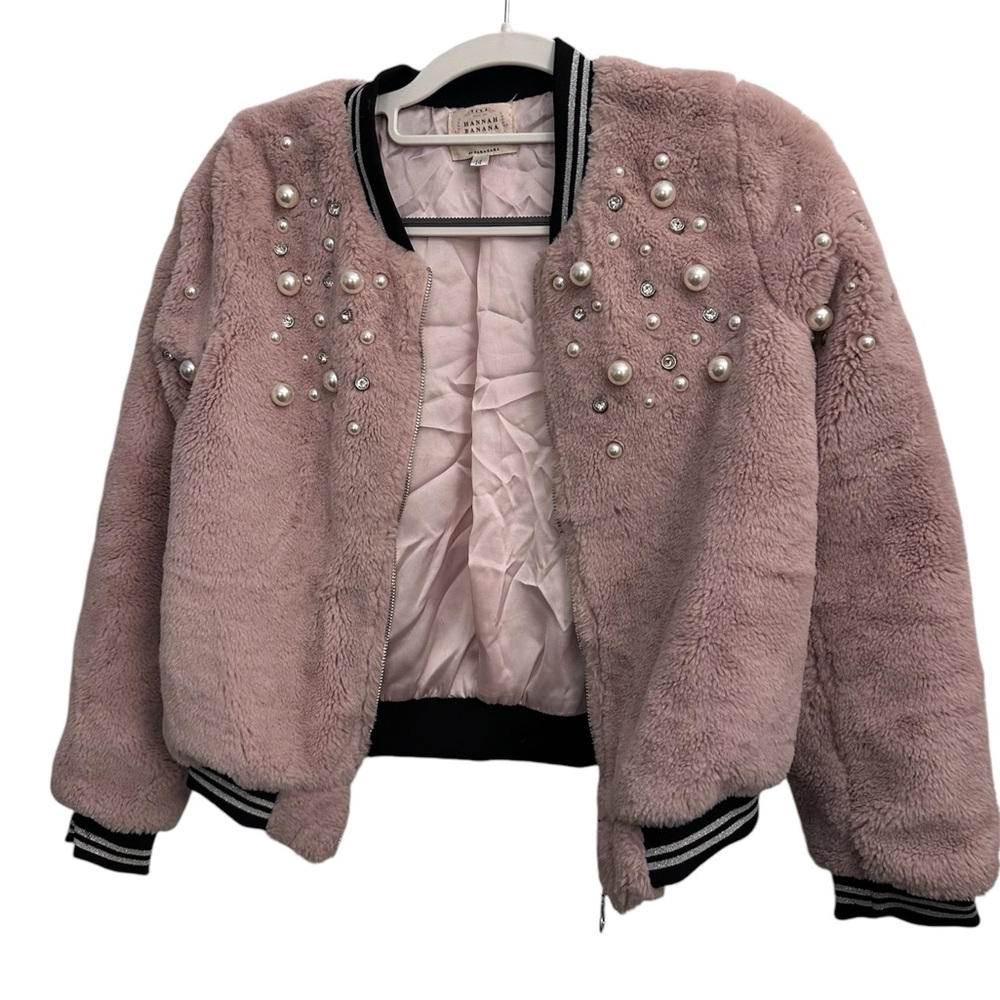 Girls Hannah Banana pink with pearl and crystal faux fur size 14 bomber jacket.